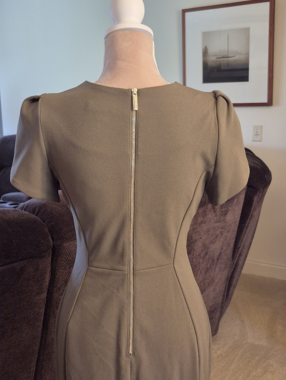 Calvin Klein Olive Green Puff Tulip Sleeve Sheath Dress Size 4 - Picture 6 of 10